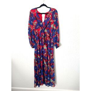 Aakaa Long Sleeve Red Blue Floral Bright Colorful Maxi Dress Size Medium